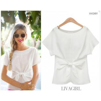 Bow Round Neck T-Shirt Frenum Chiffon Shirt