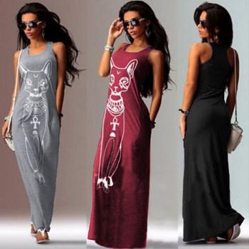 Cartoon Summer Cat Dress Strap Sexy Long Dress