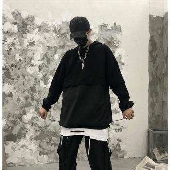 Couples Japanese Style Pseudo-Two Hooded Splice Hoodie