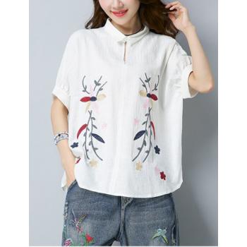 Loose Retro Bat Sleeve Large Yard Embroidery Shirt