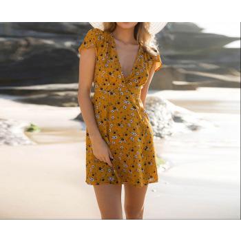 Pinched Waist Sexy Printing V-Neck Dress