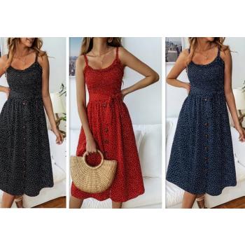 Polka Dot Printing Buckle Lotus Leaf Edges Sling Dress