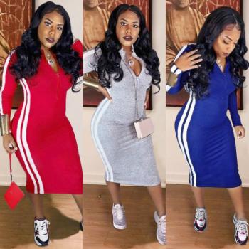 Sexy Zip V-Neck Long Long Sleeve Stripe Dress For Women