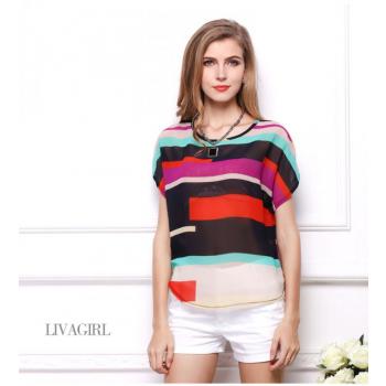 Short Sleeve Irregular Chiffon Shirt Rainbow Colors Shirts