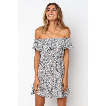 Short Sleeve Wavelet Point Flat Shoulder Printing Dress