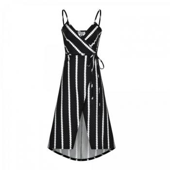 Sling European Style Printing Stripe Fashion Halter Dress