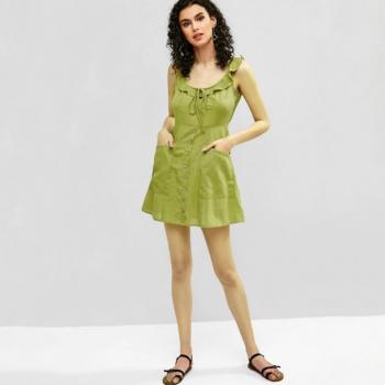 Sling Lotus Leaf Edges European Style Buckle Bandage Dress