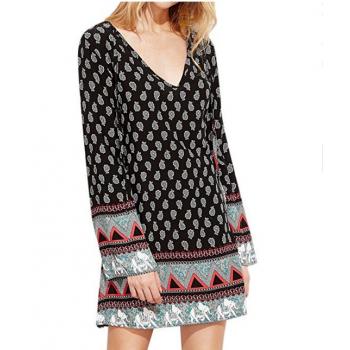 Trumpet Sleeves Elephants Frenum V-Neck Dress