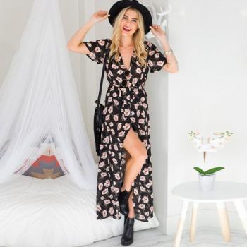 V-Neck Sandy Beach European Style Printing Sexy Split Dress