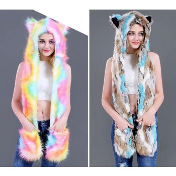 Winter Animal Prom Hat Rainbow Faux Fur Gloves